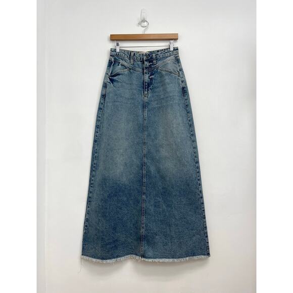 Free People We The Free Come As You Are Rigid Denim Distressed Maxi Skirt Size 0 - Picture 1 of 9